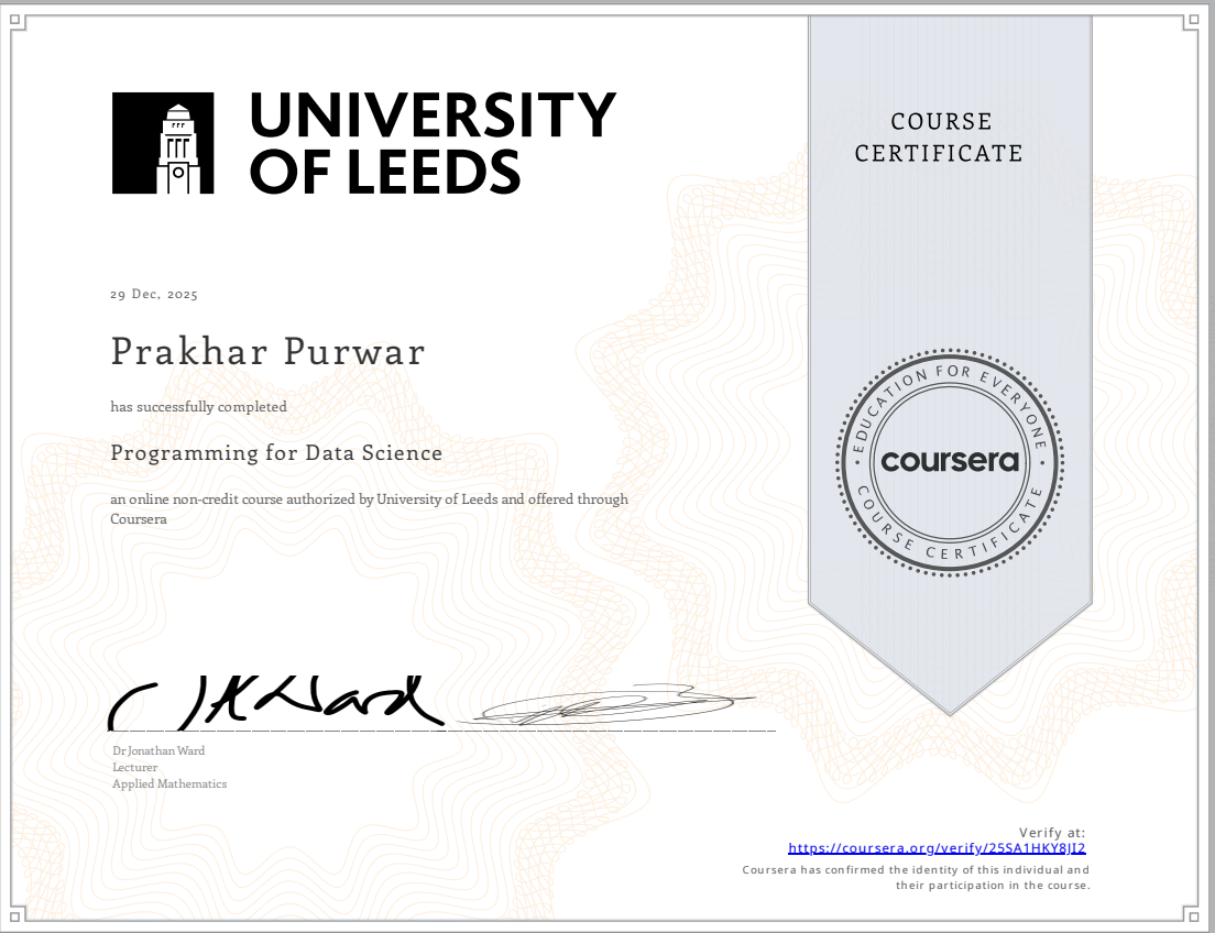 Programming for Data Science certificate